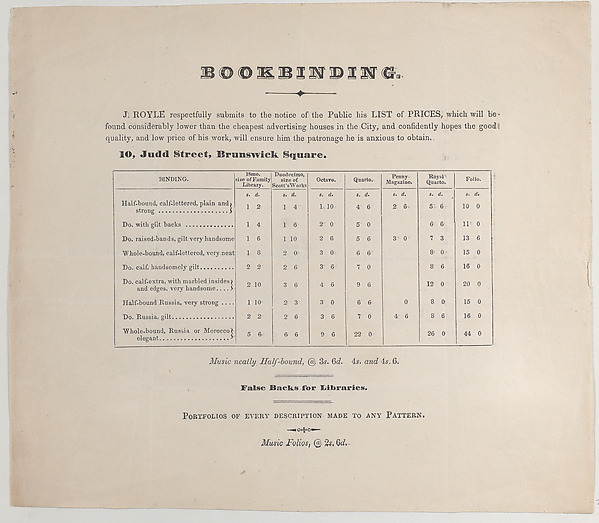 Anonymous, British, 19th century, Trade card for J. Royle, bookbinder