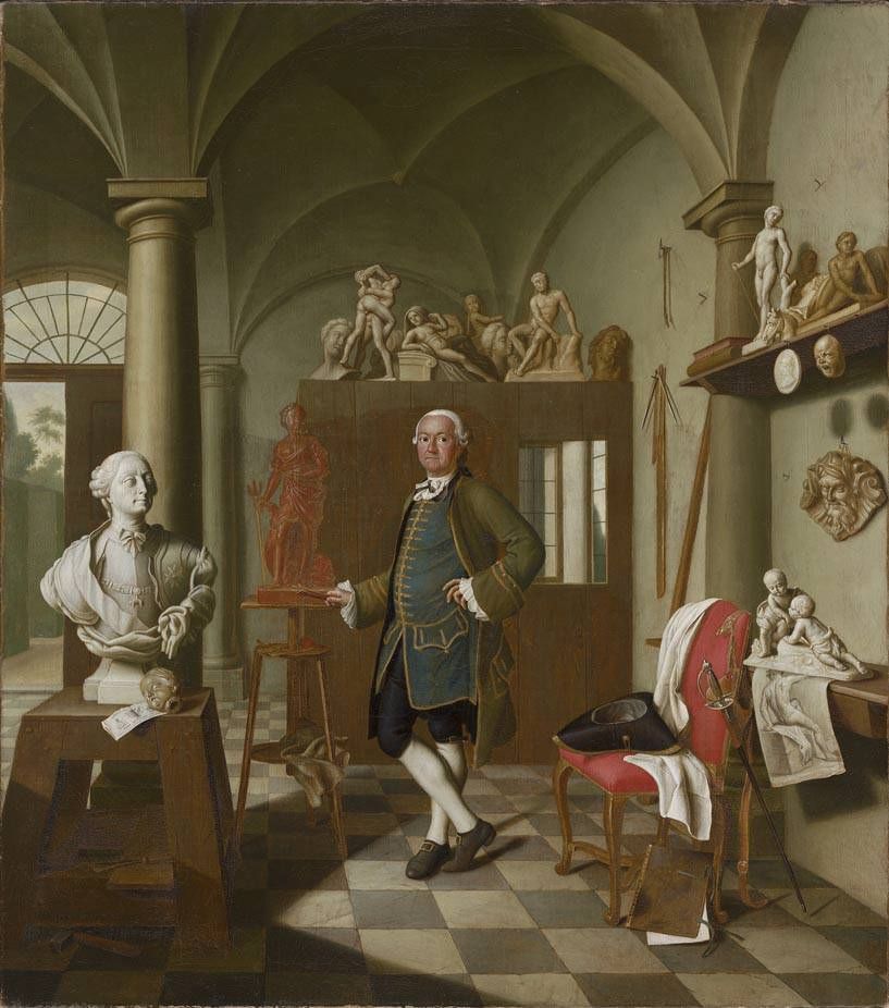 Peter Jacob Horemans, Portrait of court sculptor Roman Anton Boos (1730-1810) in his studio next to a bust of elector Maximilian III