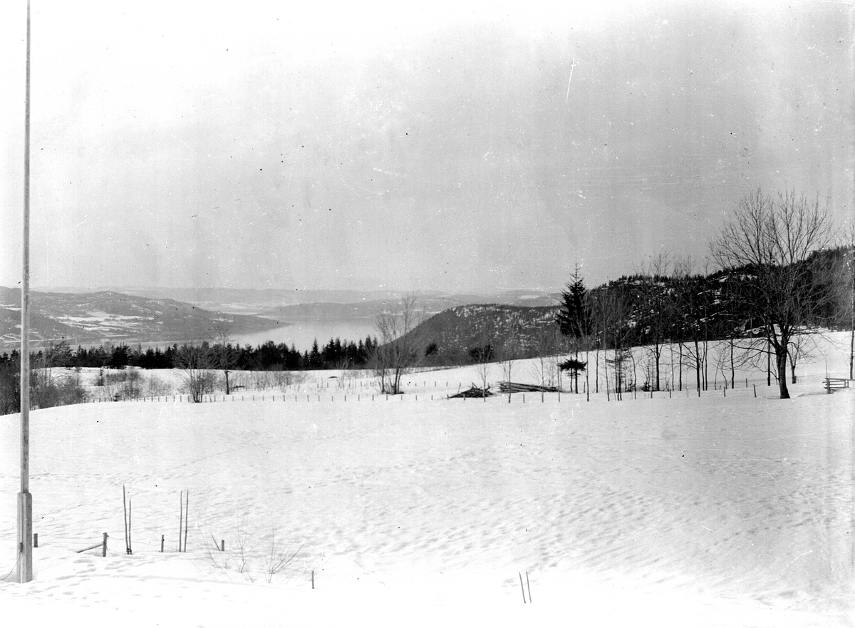 Juliane Fredrikke Langberg, Landskap i Hurum, i forgrunnen områder inngjerdet, med flaggstang t.v. I bakgrunnen utsyn over skog, heier og fjord. Fotografens svoger var sokneprest i Hurum 1897-1904. Fra malerinne Juliane Fredrikke Langbergs (1856-1930) samling, tatt ca.1895-1910 med motivkrets slekt og venner samt steder tilkn…