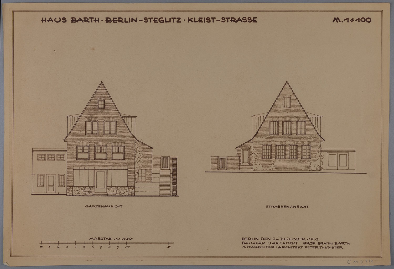 Erwin Barth (Gartenarchitekt), Berlin-Steglitz: Brentanostraße 68, Haus Barth, Garten- und Straßenansicht im Maßstab 1.100