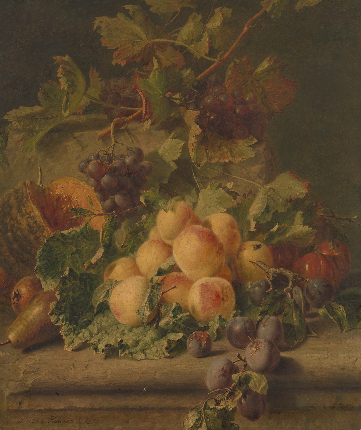 Adriana Johanna Haanen, Peaches, melon and grapes on a ledge