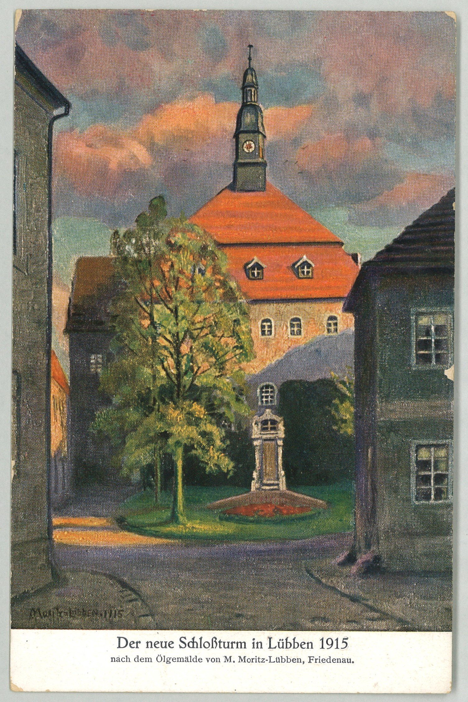 Marie Elisabeth Moritz, Lübben: Blick auf den neuen Schlossturm 1915 (Gemälde von Marie Elisabeth Moritz)