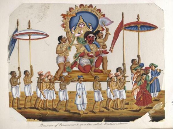 Unknown, One of twenty mica paintings depicting Hindu deities and festival processions with decorated cars.