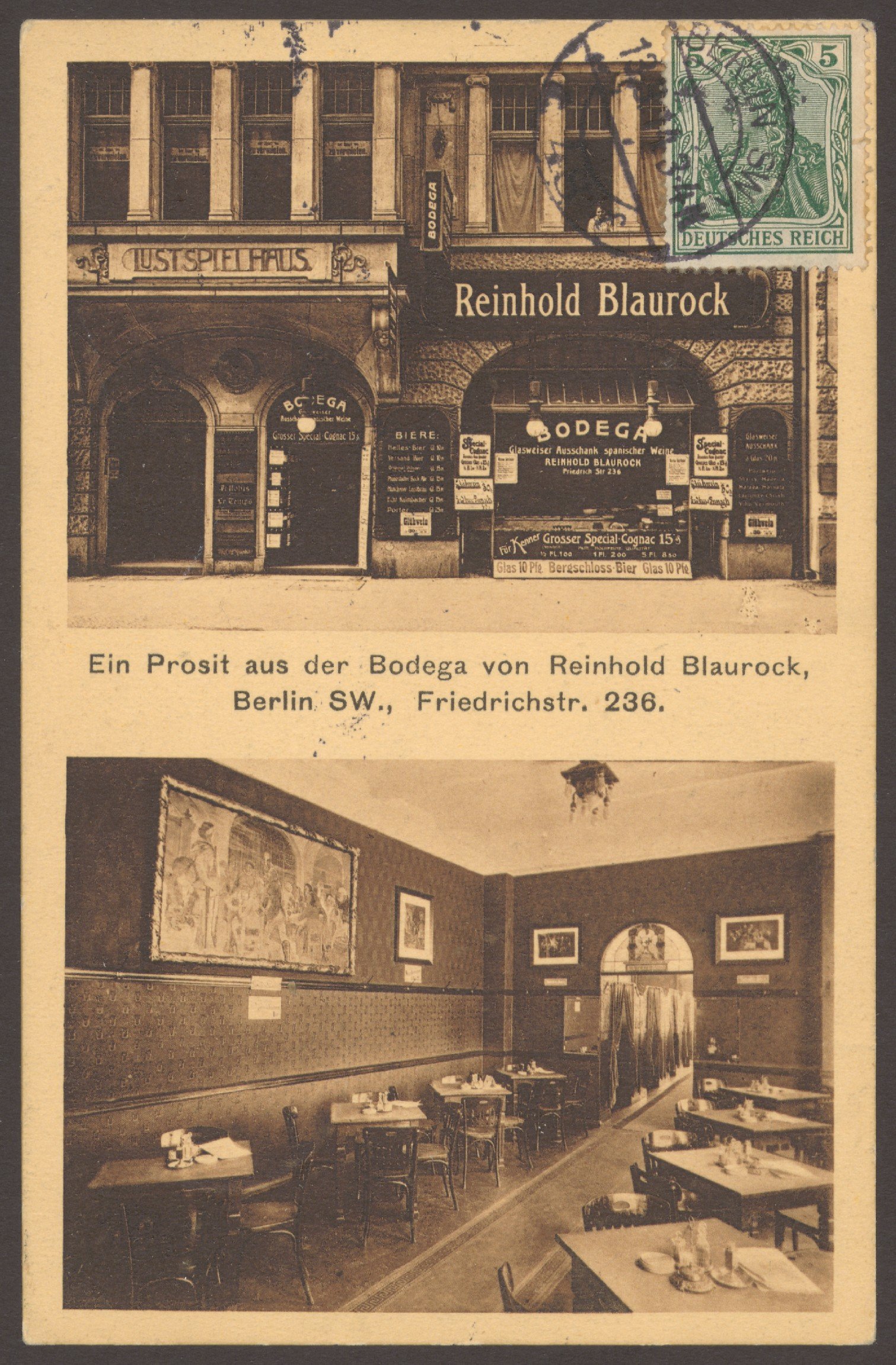J. Egers (Fotoatelier/Verlag), Ansichtskarte „Ein Prosit aus der Bodega von Reinhold Blaurock“, Friedrichstraße