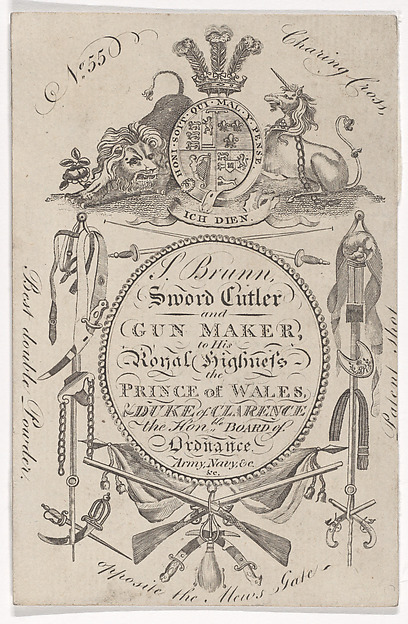 Anonymous, British, late 18th–early 19th century, Trade Card of the Gunmaker Samuel Brunn (active 1795–1820)
