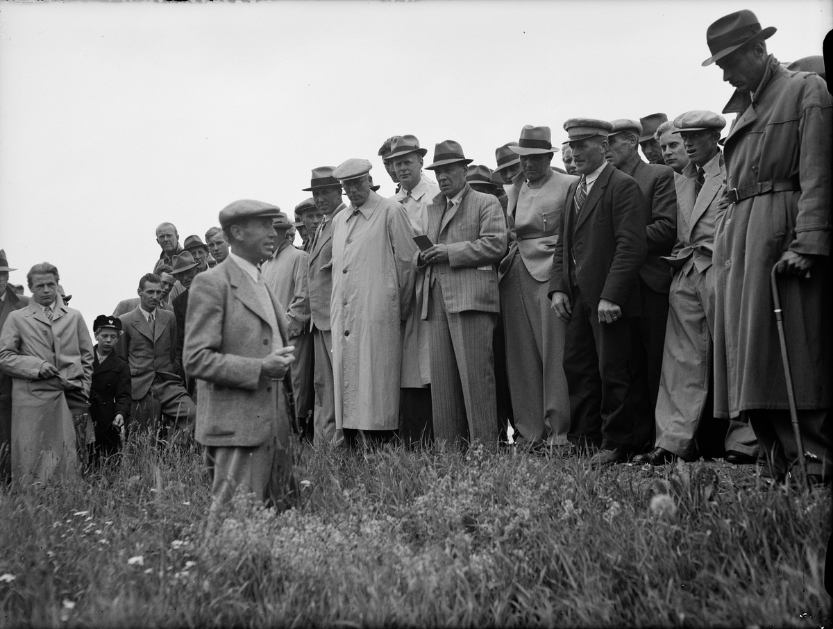 Paul Sandberg, "Försöksdagen samlade sexhundra jordbrukare" - docent R Torssell demonstrerar höstvetesortimenten, Lantbrukshögskolan, Ultuna, Uppsala juli 1942