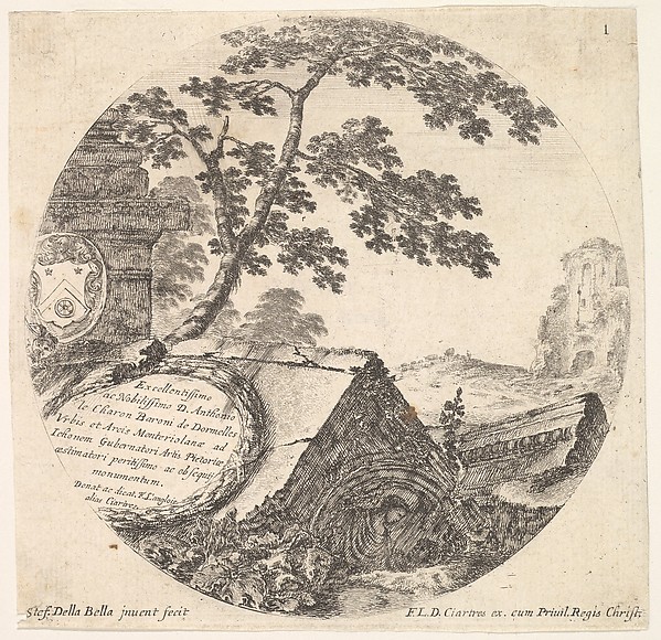 Stefano della Bella, Plate 1: various fragments of ancient monuments, from "Roman landscapes and ruins" (Paysages et ruines de Rome)