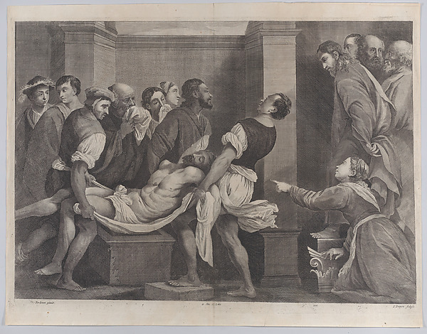 Jan van Troyen, The raising of Lazarus, who is carried by three men at left, while his sister and Christ look on at right; from "Theatrum Pictorium"