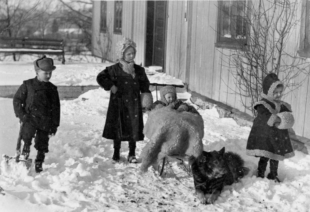 Anno Domkirkeodden, Barna til Thore Bjerke på Nederkvern gård, Brumunddal. Leker utendørs i snøen ved verandaen sammen med hund.