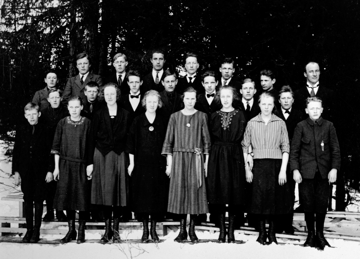 Anno Domkirkeodden, Skoleklasse med lærer. Elever ved fortsettelsesskole, Nærvang, Næroset, Ringsaker. Se reg. skjema for navn.
