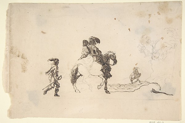 Stefano della Bella, Two Figures on Horseback, a Soldier Walking Behind