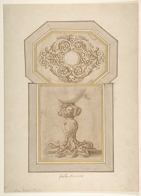 Giulio Romano, Design for a Sculptural Frame Decorated with Angel Heads, Volutes and Leaves (for a Ceiling ?); Design for a Base Decorated with Angel Heads, Volutes and Leaves