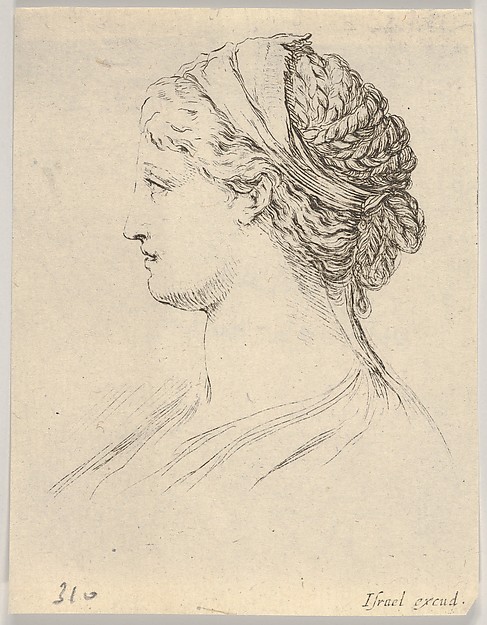 Stefano della Bella, Plate 3: Head of a woman with braided hair, turned in profile to the right, from "Various heads and figures" (Diverses têtes et figures)