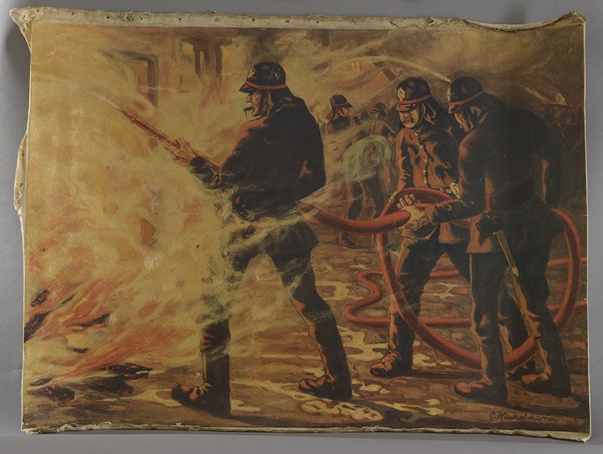 Unknown artist, Winkelmann, G: Feuerwehrleute beim Löschen, 1930er Jahre