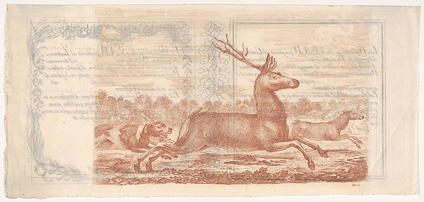 Stefano della Bella, Stag and doe running towards the right, two dogs behind them to left, from "Hunts of various animals" (Chasses à différents animaux)