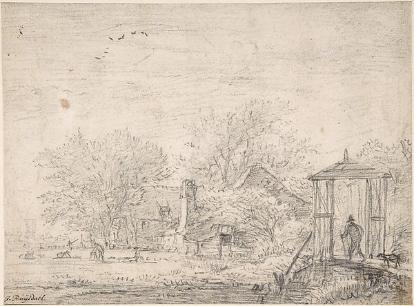 Jacob van Ruisdael, House among Trees, at Right Man and Dog on a Footbridge