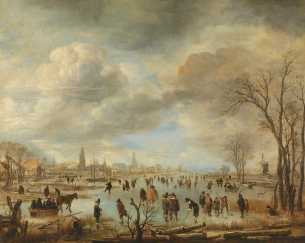 Aert van der Neer, Winter Landscape near a Town with Kolf Players and Horse-Drawn Sleighs