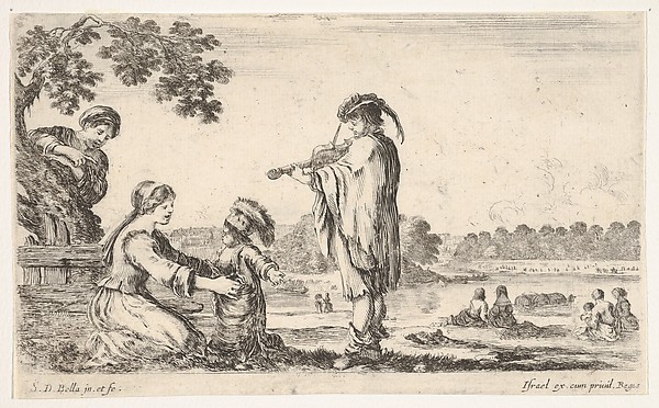 Stefano della Bella, A man playing the violin in center, turned towards the left in profile, a seated woman to left playing with her dancing child, another woman standing and pointing behind a tree to left, seated women in a landscape to right in the background, from "Various figures and lands" (Diverse figure e paesi)