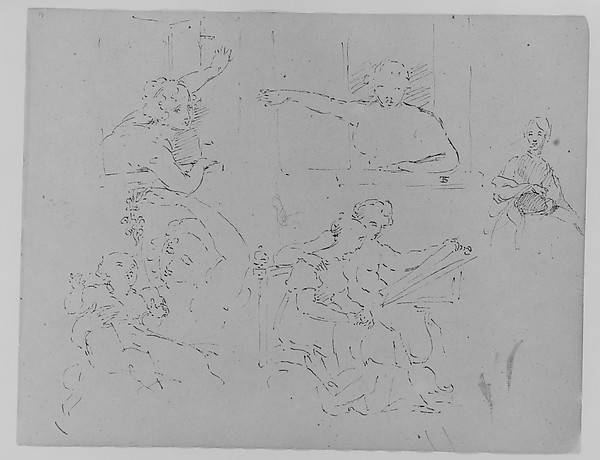 Thomas Sully, Two Sketches of Females Looking out of a Window; Seated Female; Mother Playing with Child; Seated Male and Female Looking at a Book (from Sketchbook)