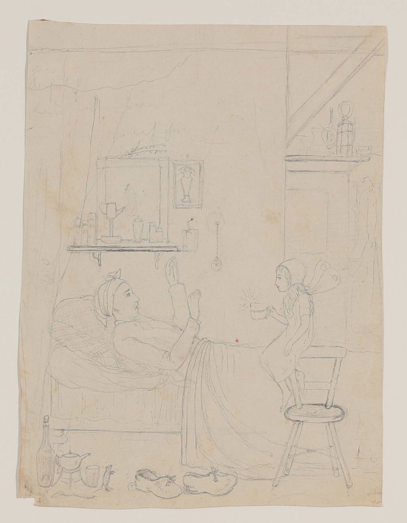 Gisela von Arnim, Illustrationen zum Märchen "Das Heimelchen": Wie Heimelchen das Ohnesündchen sucht [Vorzeichnung (und Durchdrückpause) zur Abb. nach S. 22.]