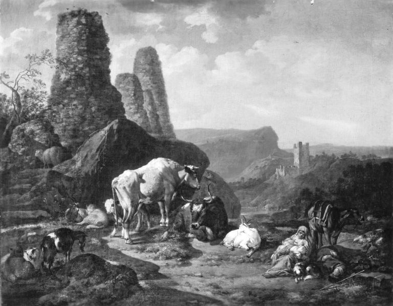 Johann Heinrich Roos, Landschaft mit Vieh und Ruinen