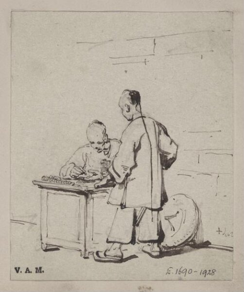George Chinnery, AA Chinese moneychanger seated at a table, with a standing figure