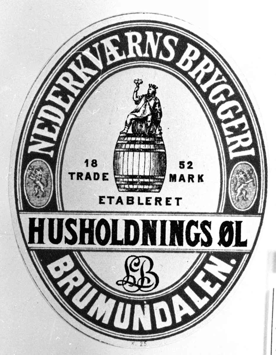 Anno Domkirkeodden, Etikett for flaskeøl, husholdningsøl, Nederkværns Bryggeri, etablert 1852, Nederkværn, Brumunddal, Ringsaker.