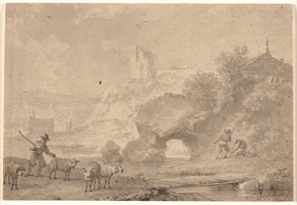 Nicolaes Berchem, Fårehyrde og fiskere i et sydlandsk flodlandskab