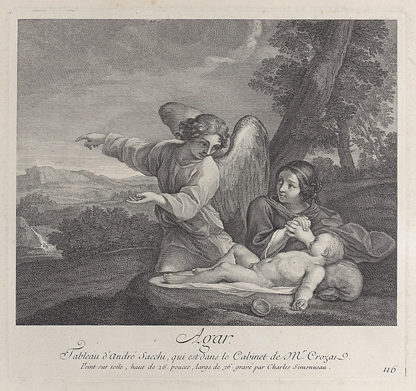 Charles Simonneau, The angel appearing to Hagar in the wilderness as she folds her hands next to the sleeping Ishmael