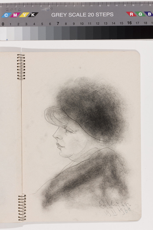 Eduard (autor) Kutsar, Woman with hat in profile. Sheet of spiral block of drawings