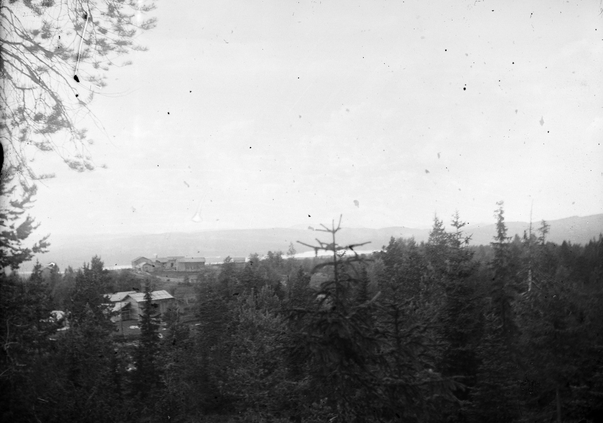 Okänd,, View of mountains, forest and some farms, likely in Norway