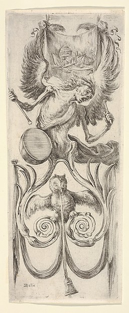 Stefano della Bella, Death beating a drum above, an owl and a bell attached to a ribbon below, from "Ornaments or Grotesques" (Ornamenti o Grottesche)
