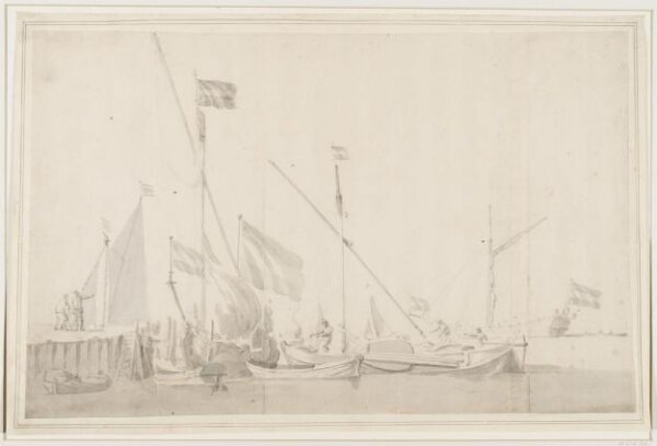 willem van de velde the younger, A Dutch Boeier yacht and a Kaag alongside a wharf, with others including a states yacht on the right