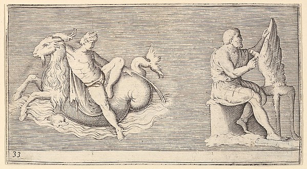 Anonymous, Italian, 16th century, Figure on Seagoat; Man Carving Wing, from "Ex Antiquis Cameorum et Gemmae Delineata"