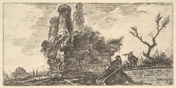 Giovanni Battista Piranesi, Plate 27: Tomb of the three Curiatii brothers in Albano (Sepolcro delle tre fratelli Curiati in Albano), from "Alcune Vedute di Archi Trionfali ed altri monumenti inalzati da Romani parte di quali se veggono in Roma e parte per l'Italia" (Some Views of Triumphal Arches and other monuments erected b…