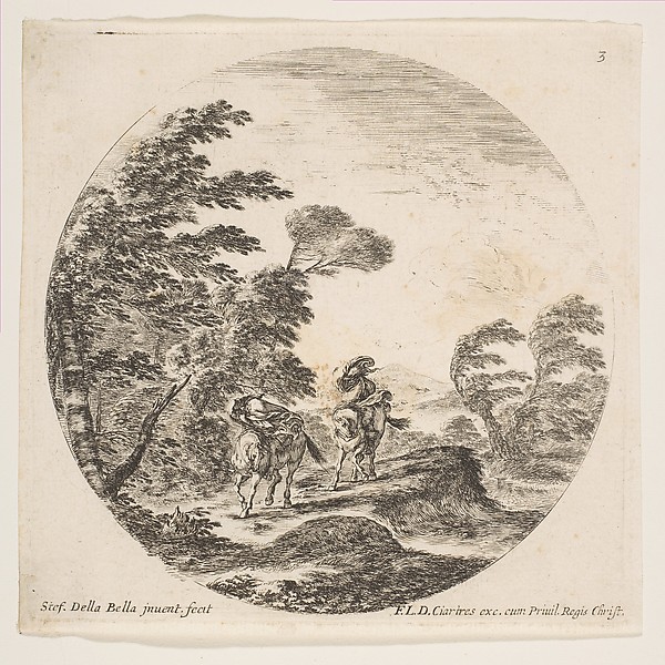 Stefano della Bella, A gale in the forest, two horsemen wrapped in their cloaks, with the wind blowing from the left side, plate 3 from "Roman landscapes and ruins" (Paysages et ruines de Rome)