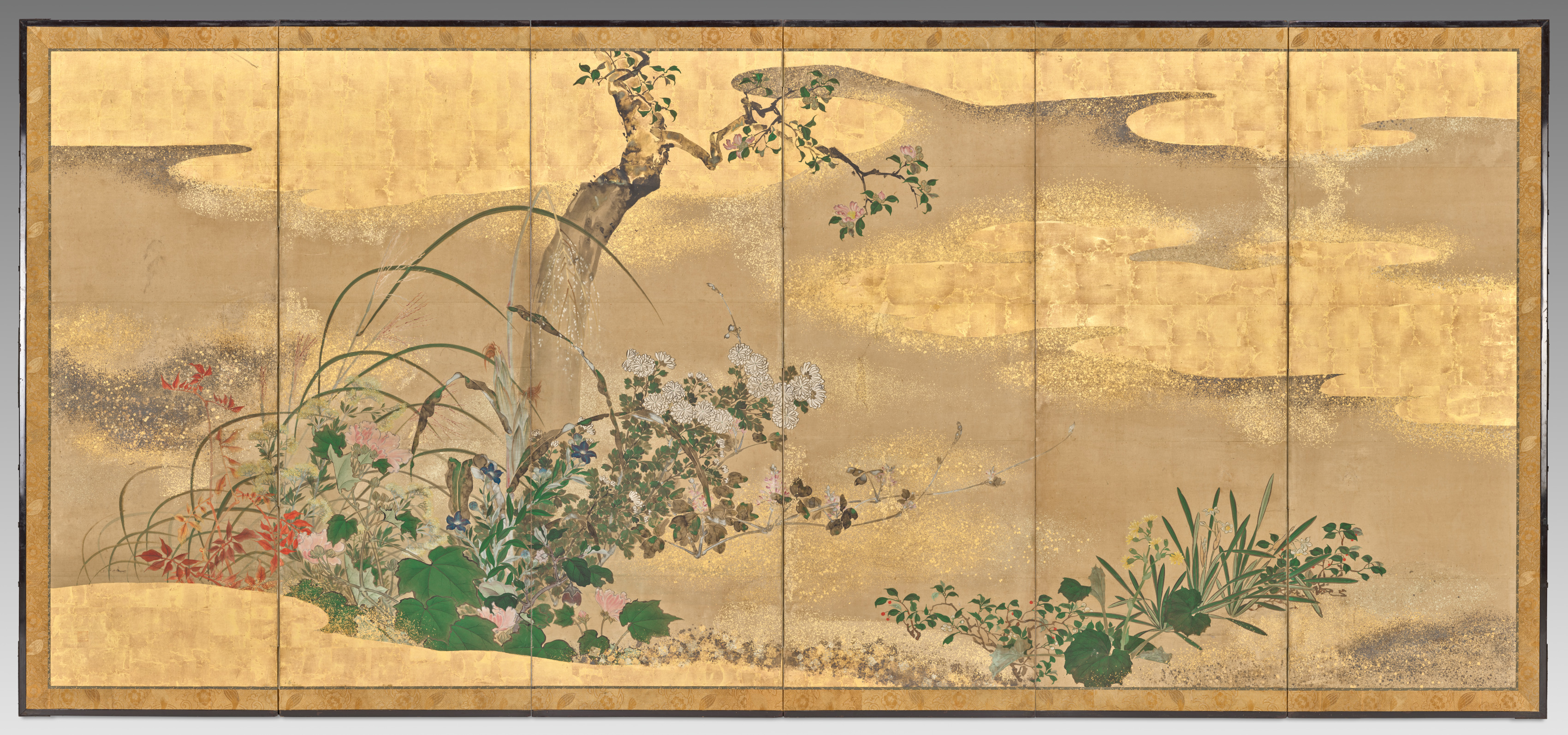 Watanabe Shikō, Flowers and Trees of the Four Seasons (left screen)