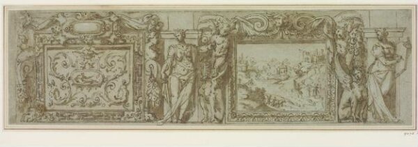 Unknown, Design for frieze with panels containing landscapes separated by figures and chimaeras