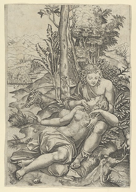 Marcantonio Raimondi, Medor and  Angelica from Lodovico Ariosto's "Orlando Furioso", or Venus and Adonis embracing, set within a landscape