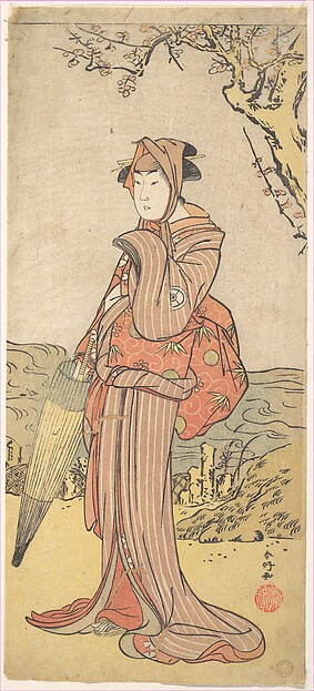 Katsukawa Shunkō, Iwai Kiyotaro as a Woman Standing under a Plum Tree
