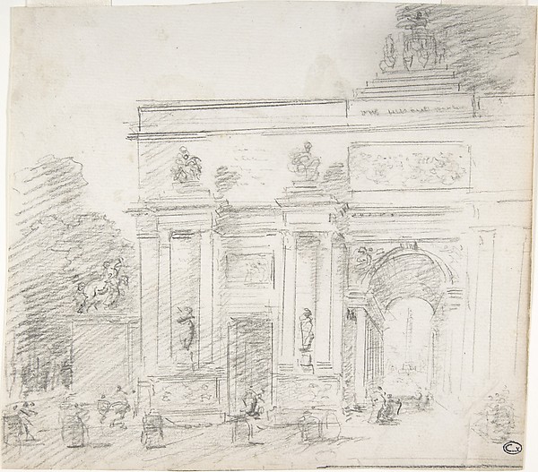 Hubert Robert, Study for a Triumphal Arch (recto); Alternate Study for a Triumphal Arch (verso)