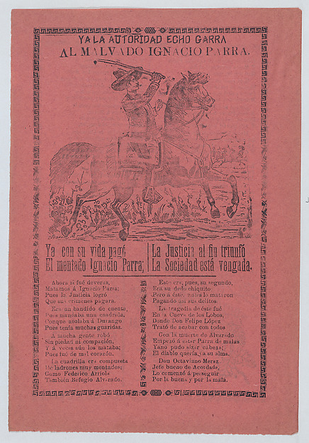 José Guadalupe Posada, Broadsheet about a thief named Malvado Ignacio Parra, who is shown on horseback holding a sword