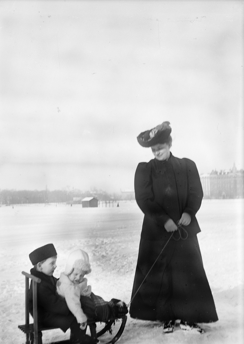 Okänd,, Christiane Liljefors, with probably the sons Roland and Alf on a toboggan, in Sweden