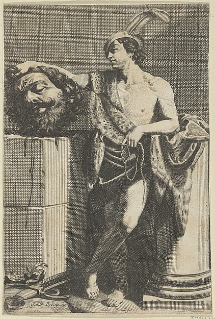Anonymous, David standing with crossed legs and holding the head of Goliath on a pedestal at left, a sword on the ground, after Reni