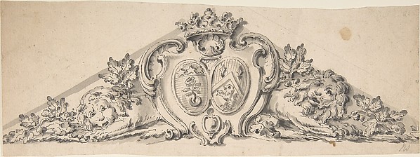 Anonymous, French, 18th century, Design for Pediment with Two Heraldic Crests, Lions and a Crown
