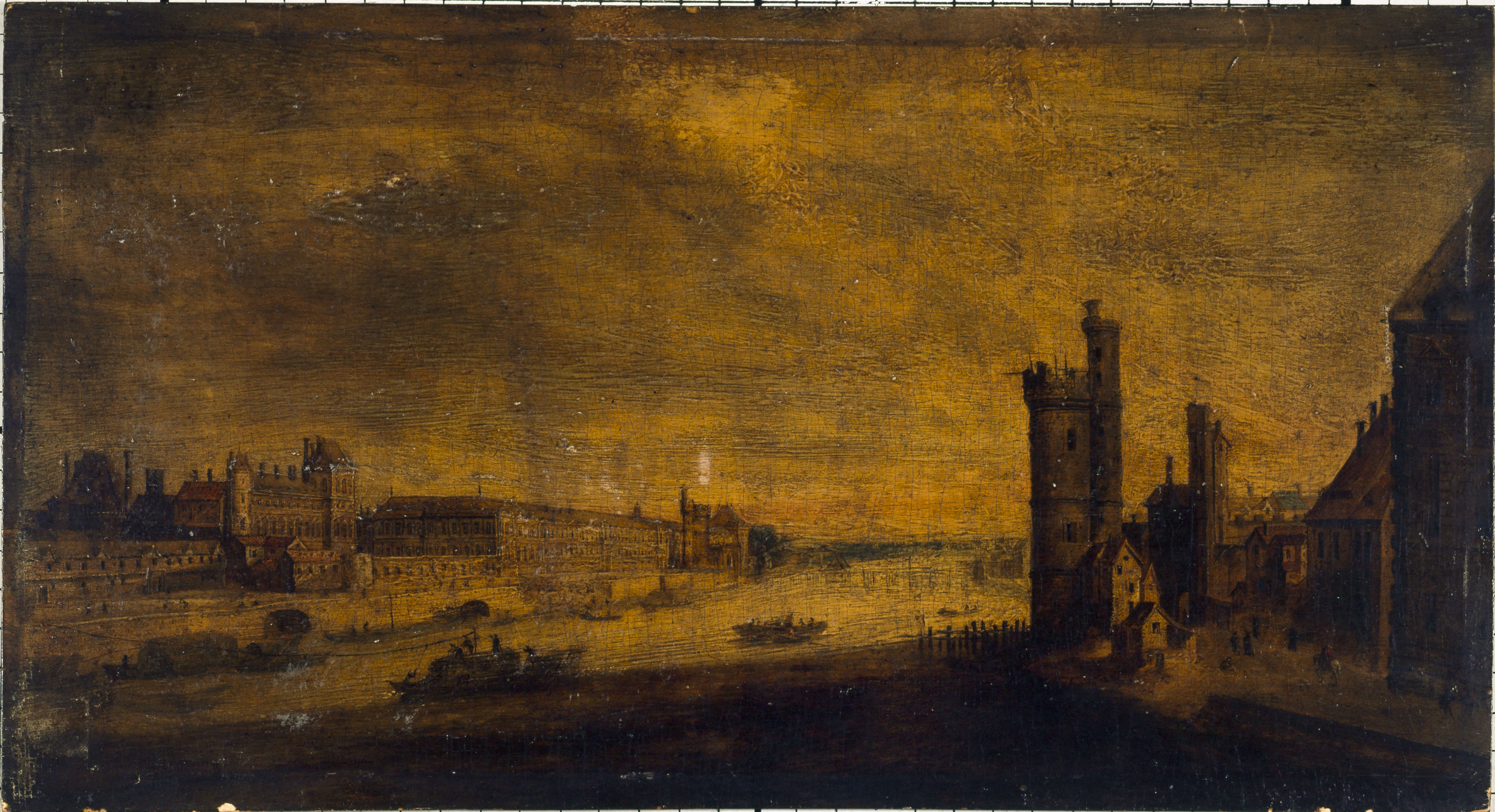 Anonyme, L'Hôtel de Nevers, la Tour de Nesle, la Grande Galerie et le Louvre, vus du Pont-Neuf, vers 1640