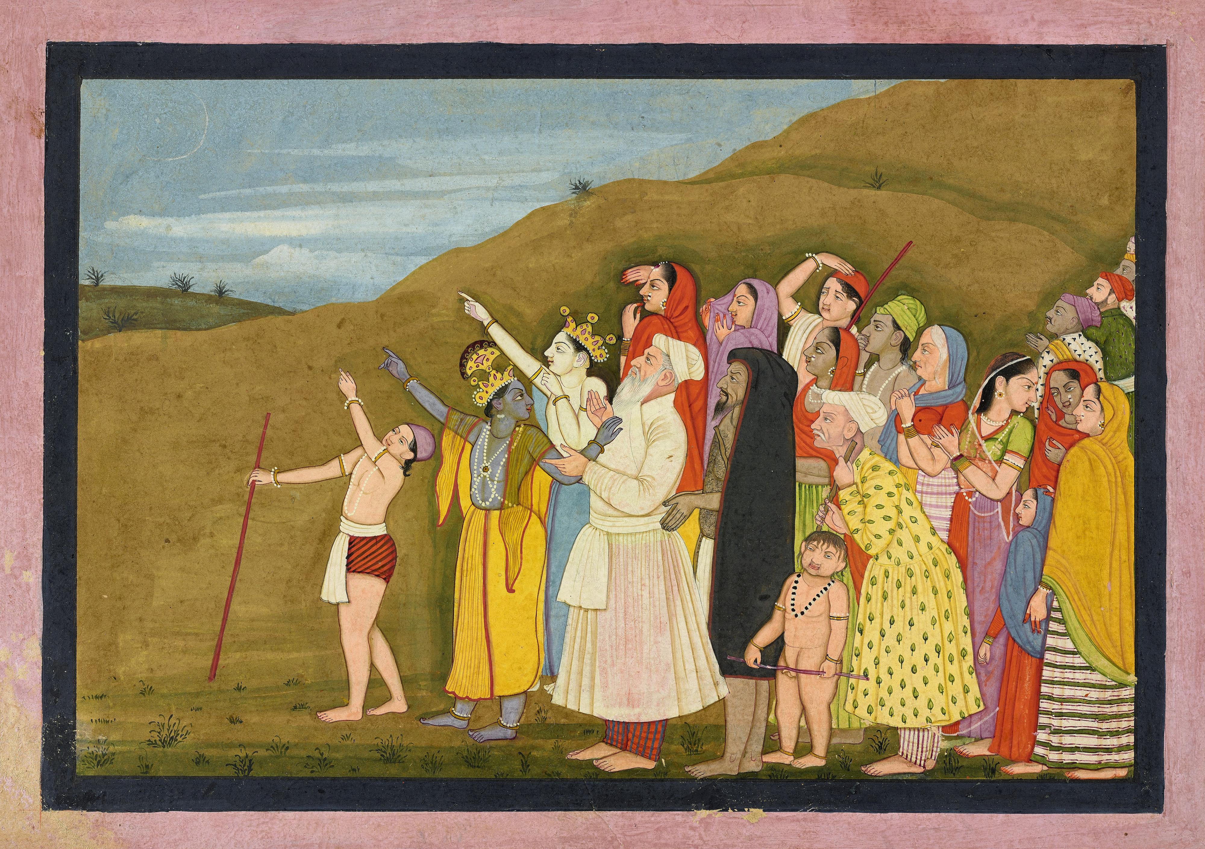 First generation after Nainsukh, Krishna and his family admire a solar eclipse, perhaps a page from the “Kangra/Modi” Bhagavata Purana