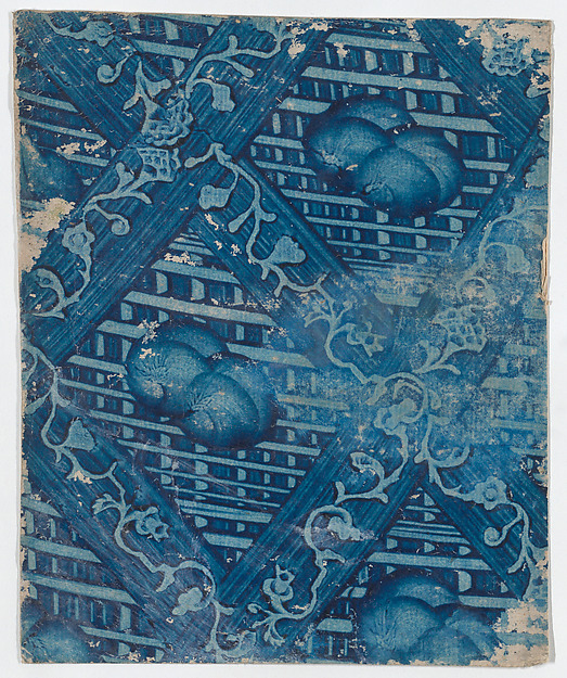 Anonymous, Blue paste paper with striped and floral pattern