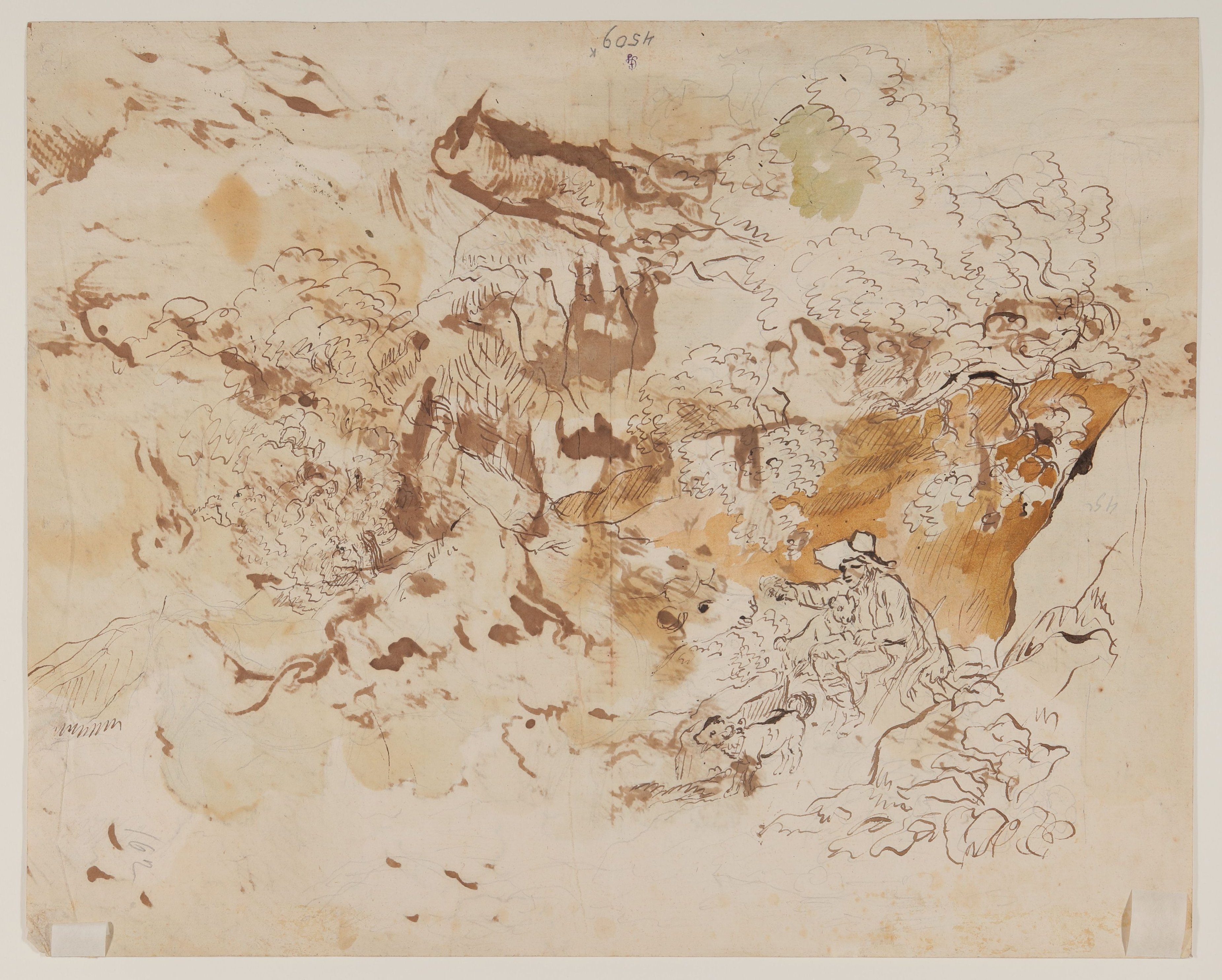 Friedrich Müller (Maler), Skizze eines mit zwei Hunden spielenden Hirtenjungen, einer Kuh und einer Landschaft