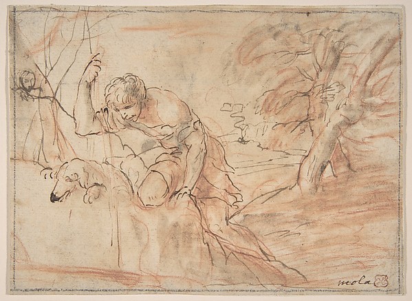 Pier Francesco Mola, Framed Sketch for a Man, a Dog and a Tree